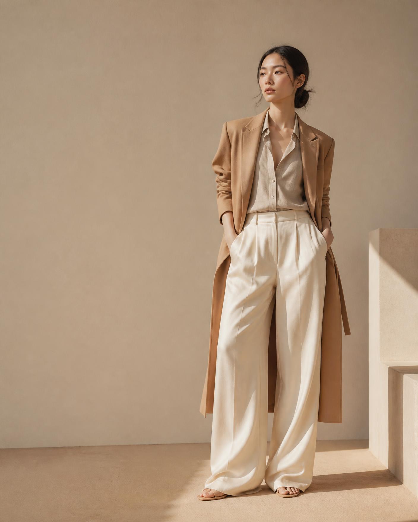 Model wearing a camel coat and cream wide-leg trousers from the TOUS collection